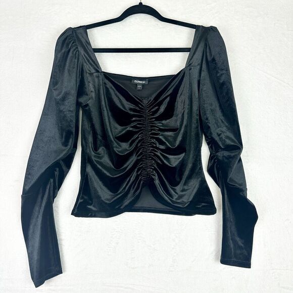 Express Velvet Long Sleeve Ruched Front Top Size Medium NWOT Black Whimsigoth - Picture 3 of 7